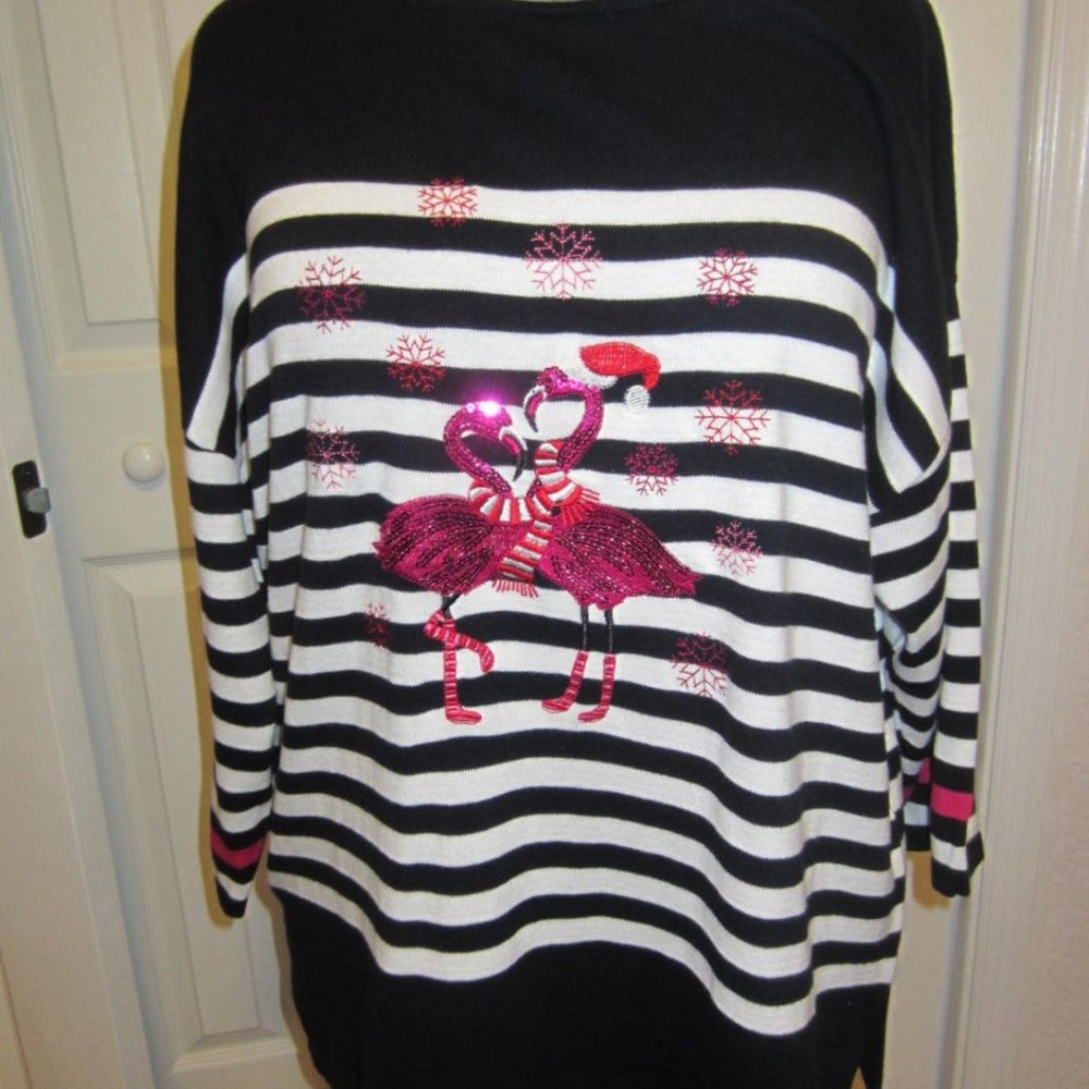 1X Flamingo Christmas Sweater--2 Sequined Flamingos--Heritage Charm--NWT - Picture 3 of 6